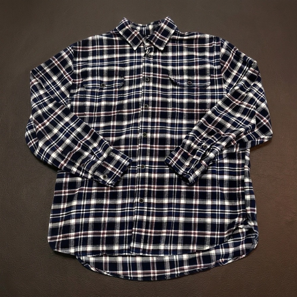 JACHS Men's XL Plaid Flannel Shirt Navy Blue Red Cotton Button Up Long Sleeve